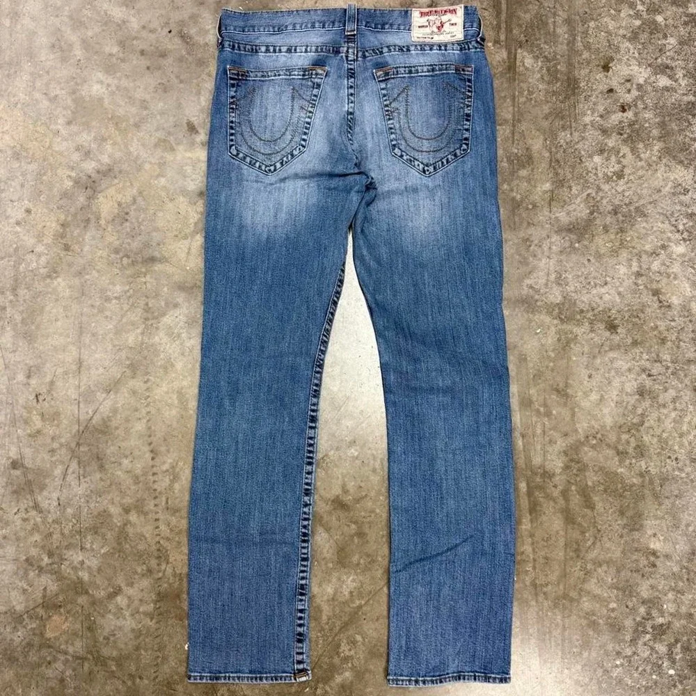 True Religion Slim Straight Mens Jeans 34x32 Medium Wash Blue Y2K Distressed